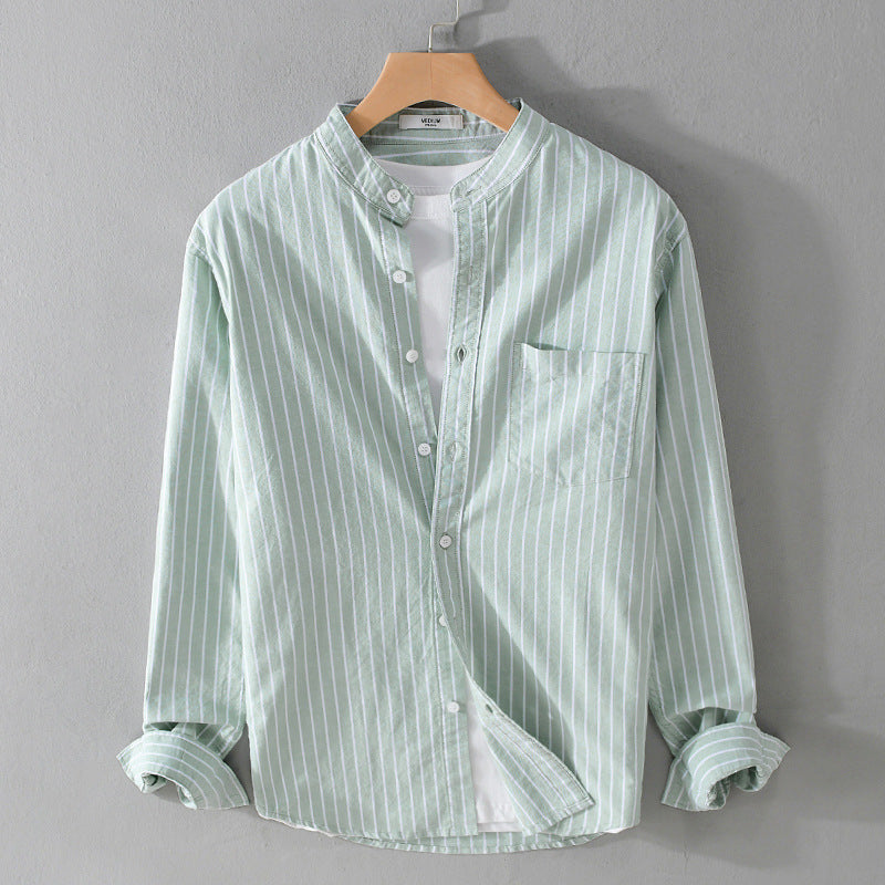 Men's Lightweight Stand Collar Long Sleeve Shirt made of Cotton Blend with Fine Pinstripe and Chest Pocket Mune Fashion