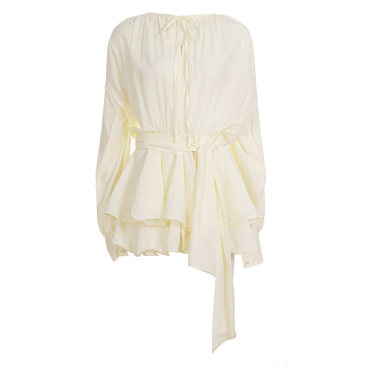 Women's Romantic Ruffle Blouse with Waist Belt and Balloon Sleeves Mune Fashion