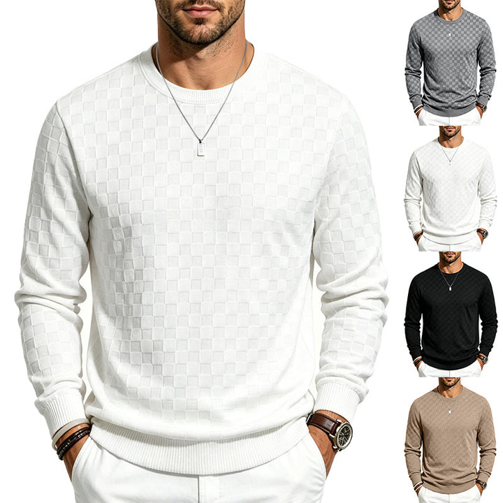 Men's Fine Round Neck Knit Sweater with Discreet Checkered Pattern Mune Fashion