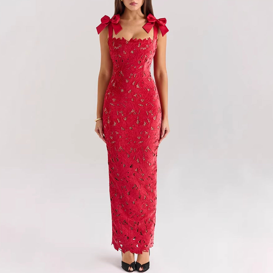 Women's form-fitting floor-length lace evening dress in column shape with decorative bow straps Mune Fashion