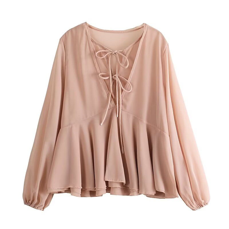 Women Soft Chiffon Blouse with Lacing, V-Neck and Ruffle Hem Mune Fashion