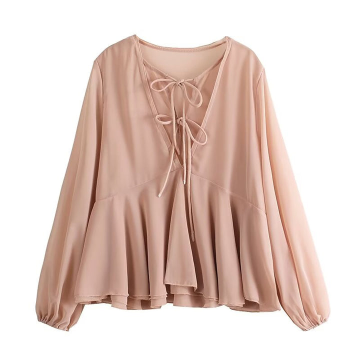 Women Soft Chiffon Blouse with Lacing, V-Neck and Ruffle Hem Mune Fashion