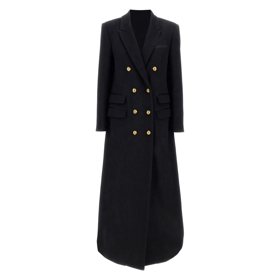 Women double-breasted wool coat with gold buttons, shoulder pads, and flap pockets Mune Fashion