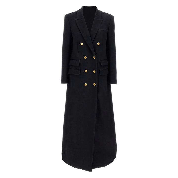 Women double-breasted wool coat with gold buttons, shoulder pads, and flap pockets Mune Fashion