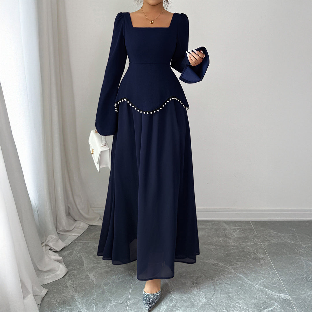 Ladies' elegant maxi dress with square neckline, fitted peplum yoke, and pearl trim Mune Fashion
