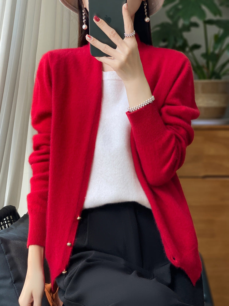 Ladies Open Fine Knit Cardigan in Mohair Look with Straight Hem and Narrow Cuffs Mune Fashion