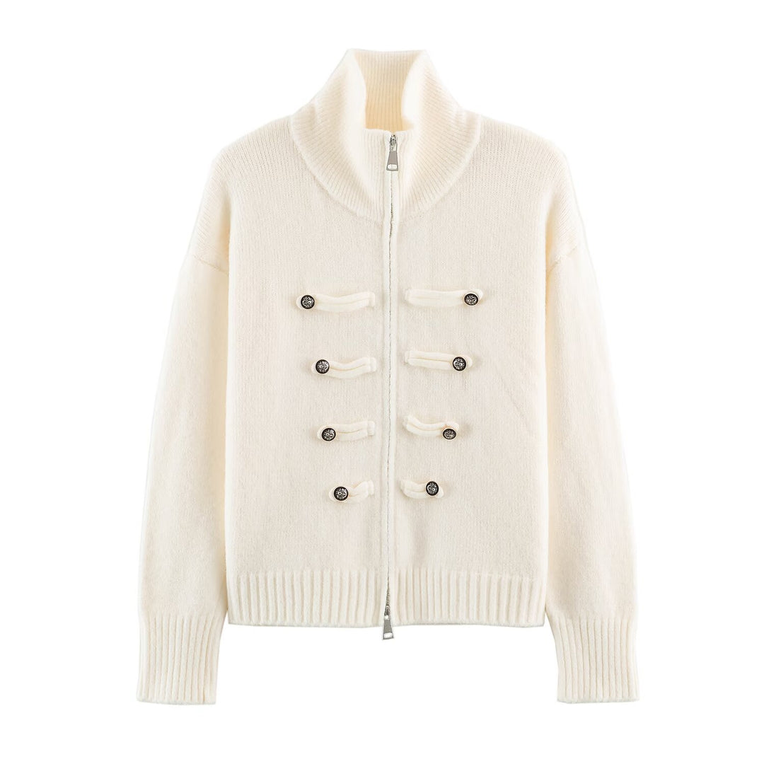 Women's cardigan with zipper, high stand-up collar, and decorative button plackets Mune Fashion