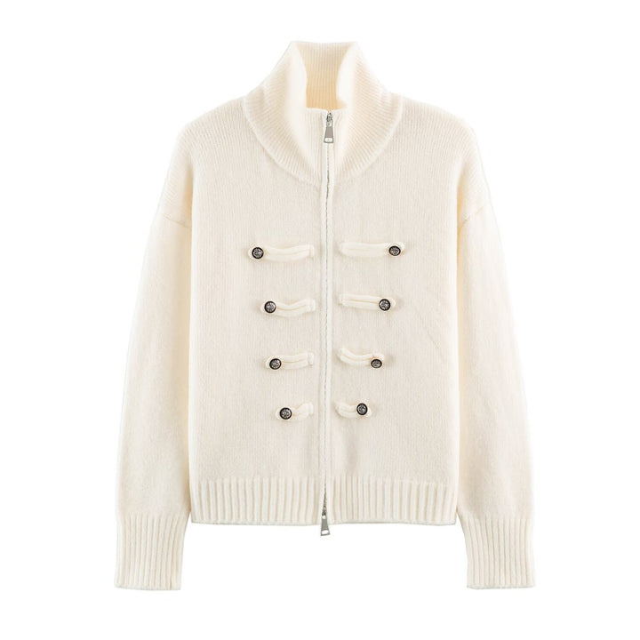 Women's cardigan with zipper, high stand-up collar, and decorative button plackets Mune Fashion