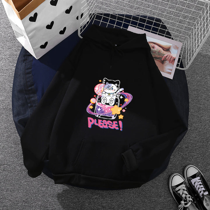 Women's oversized hoodie in street style with soft fleece lining, kangaroo pocket, and colorful cartoon cat planet print Mune Fashion