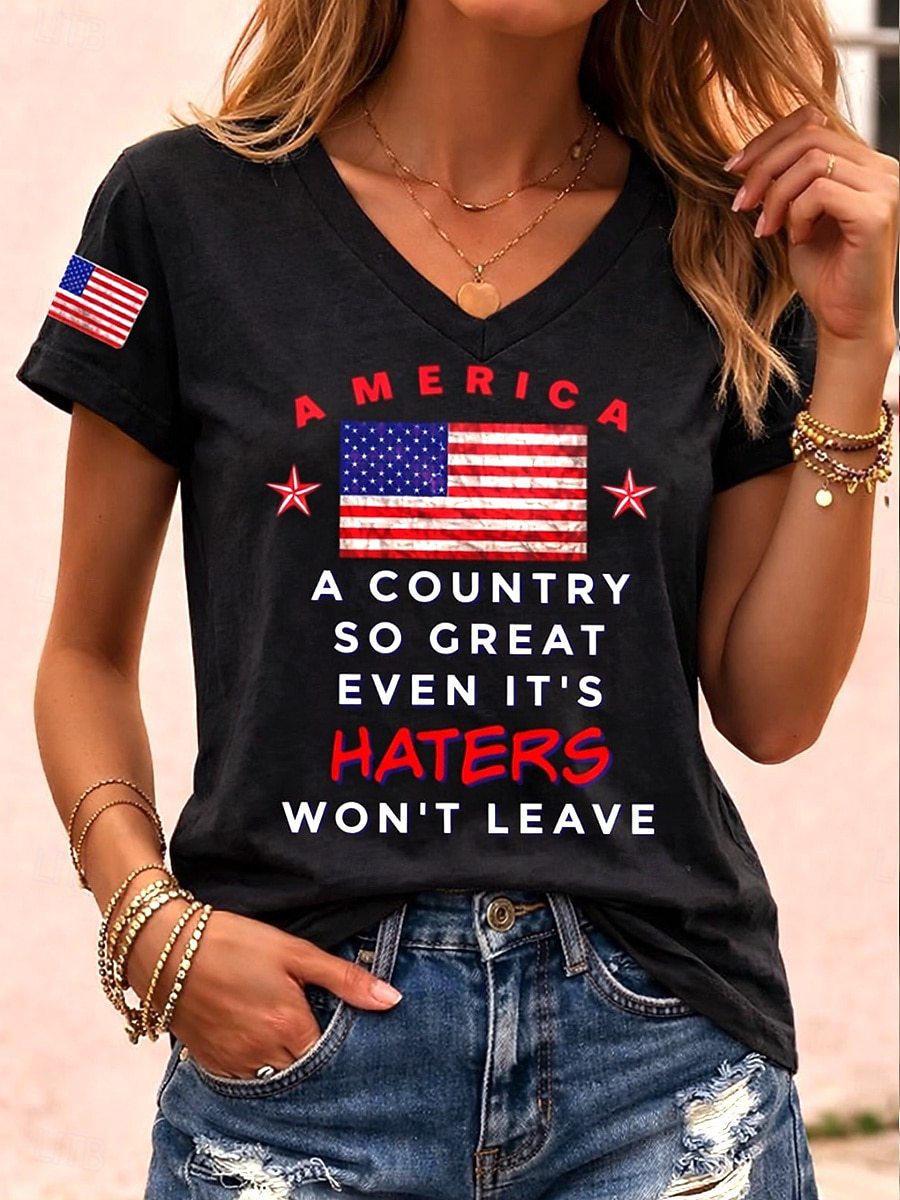 Women’s V-neck Retro Print T-shirt with Eagle Emblem and vintage-inspired Graphic Mune Fashion