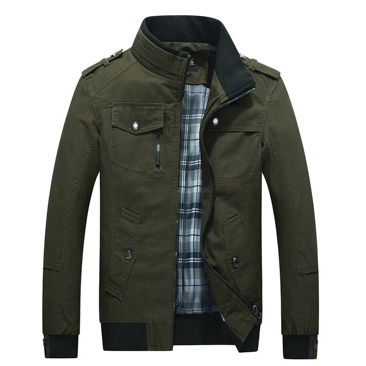 Men's transitional jacket in field style with stand-up collar, epaulettes, and checkered inner lining Mune Fashion