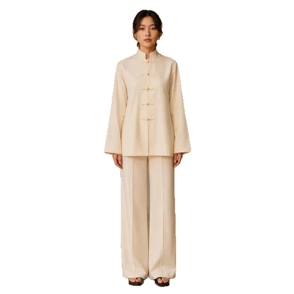 Women's Mandarin Collar Tunic Jacket with Knot Closures and Wide Palazzo Pants Mune Fashion