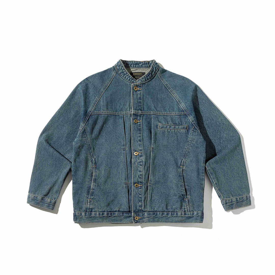 Unisex Boxy Denim Jacket with Stand-up Collar, distinctive seam piping and Button Placket Mune Fashion