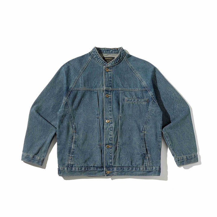 Unisex Boxy Denim Jacket with Stand-up Collar, distinctive seam piping and Button Placket Mune Fashion