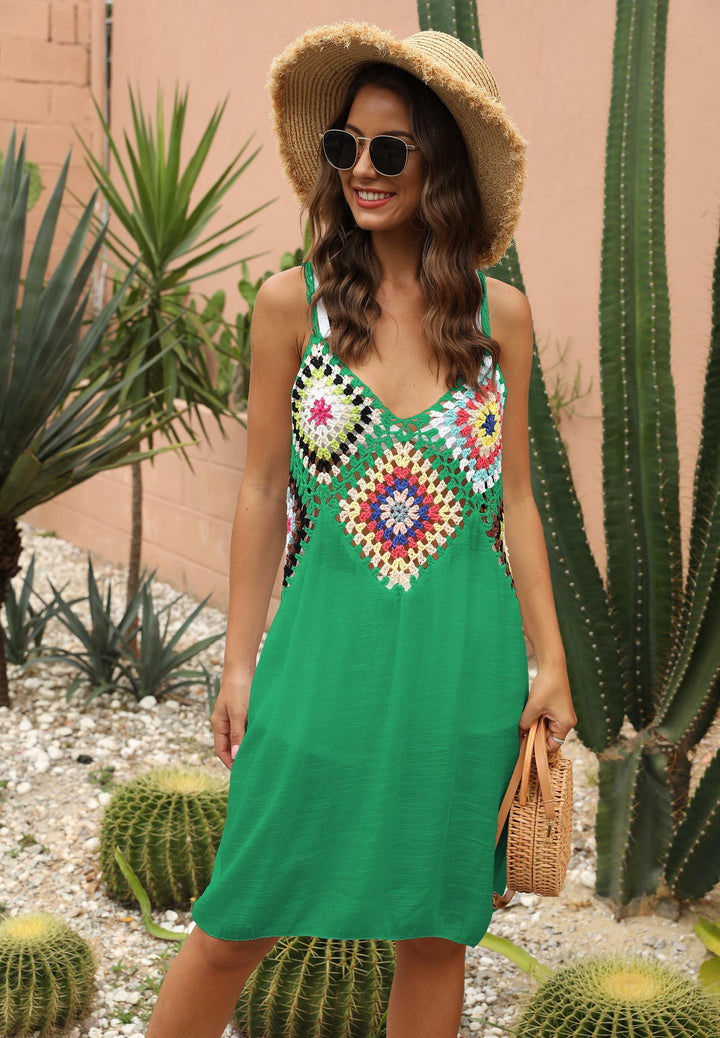 Ladies airy crochet dress with colorful appliqués Mune Fashion