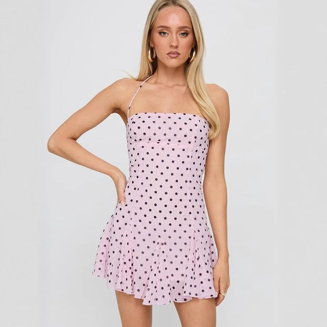 Women's strapless halter mini dress with fitted corset and flared ruffle skirt Mune Fashion