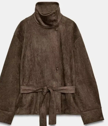 Women Short Blouson made of Artificial Leather with Double-Breasted Button Placket and Shoulder Cape Mune Fashion