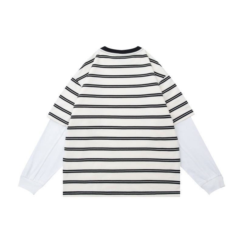 Unisex Layered Look Long Sleeve Shirt with Striped Oversized Top and Inserted Inner Sleeves Mune Fashion