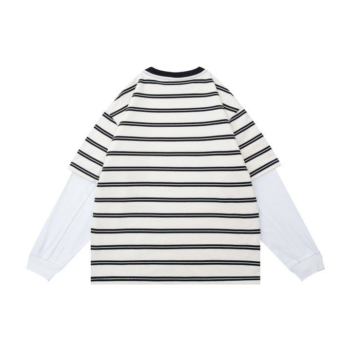 Unisex Layered Look Long Sleeve Shirt with Striped Oversized Top and Inserted Inner Sleeves Mune Fashion