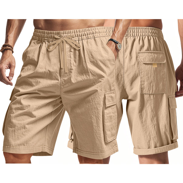 Men's knee-length utility shorts made of lightweight cotton blend with elastic drawstring waistband and patch flap pockets Mune Fashion