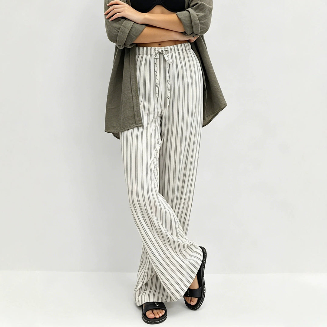 Women's Striped Loose Linen Look Palazzo Pants with Elastic Waistband and Drawstring Mune Fashion