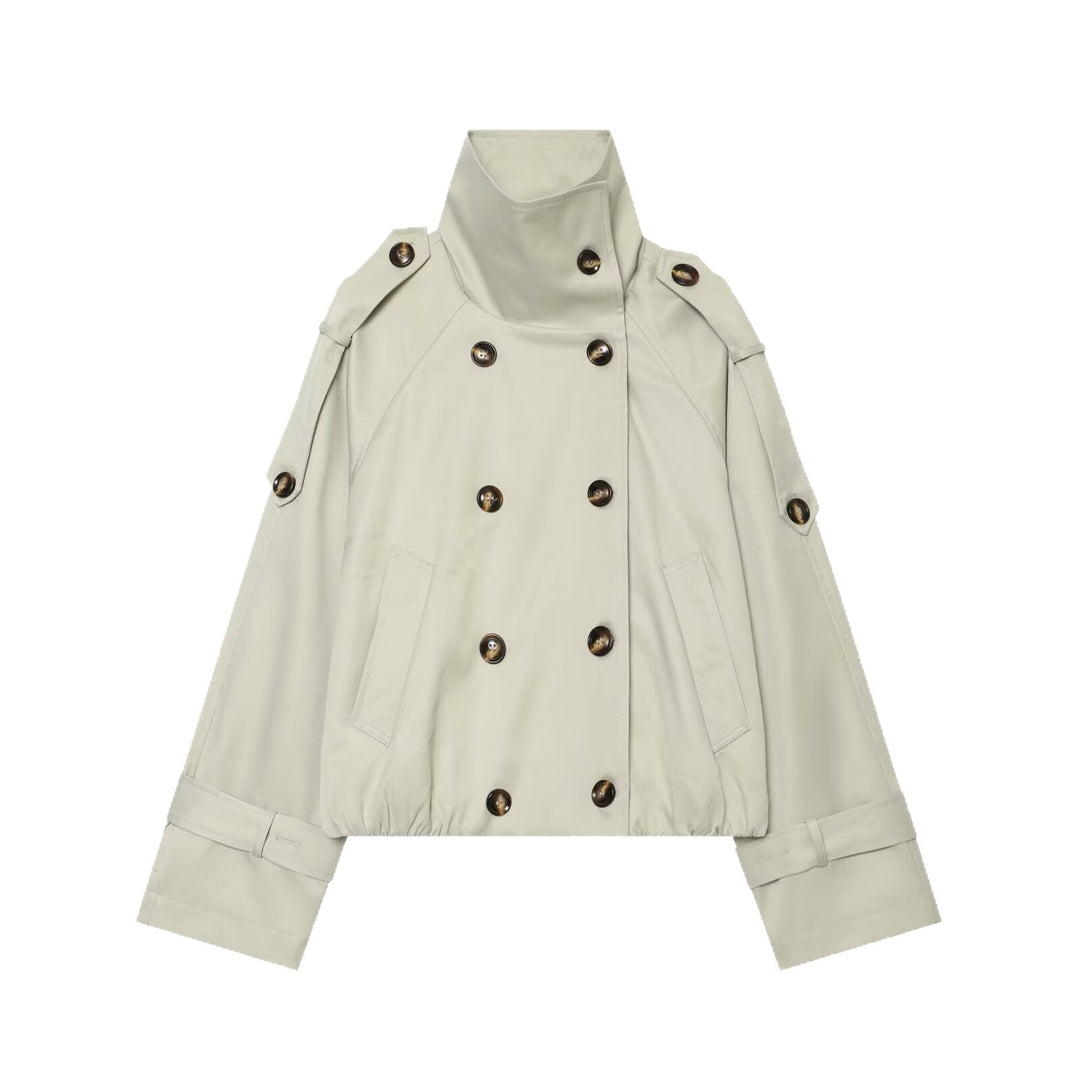 Women's Cropped Trench Cape with High Funnel Collar and Shoulder Straps Mune Fashion