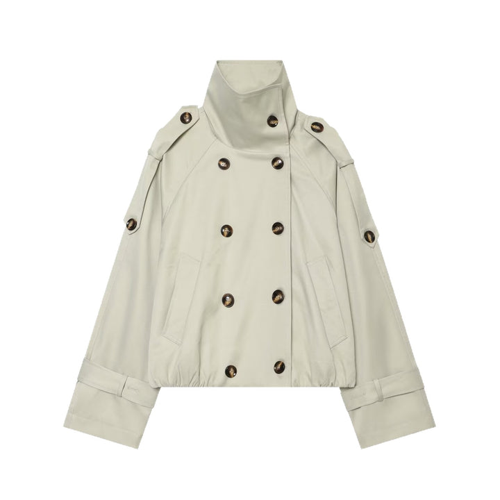 Women's Cropped Trench Cape with High Funnel Collar and Shoulder Straps Mune Fashion
