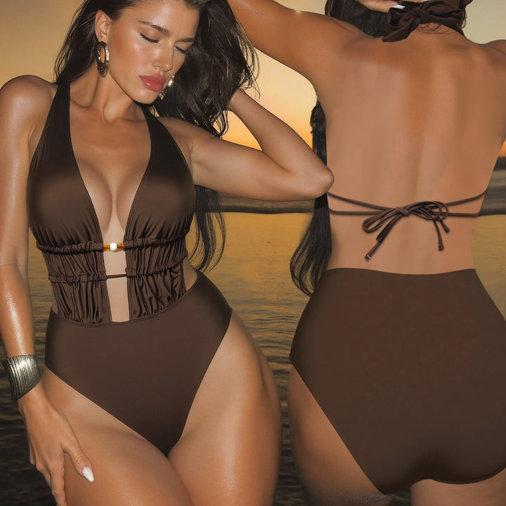Ladies Elegant Monokini with Deep V-Neck and Refined Details Mune Fashion