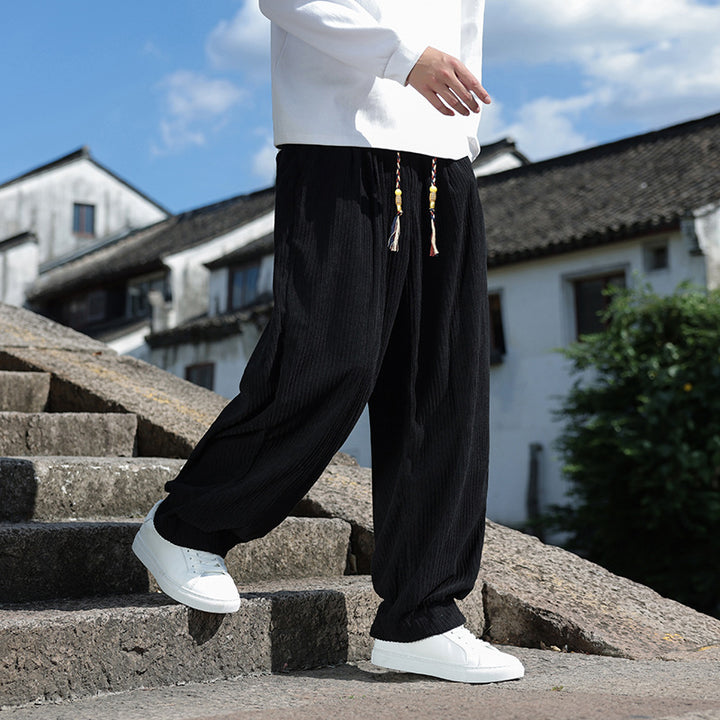 Men's loose-fitting corduroy relax pants with elastic waistband and decorative cord Mune Fashion