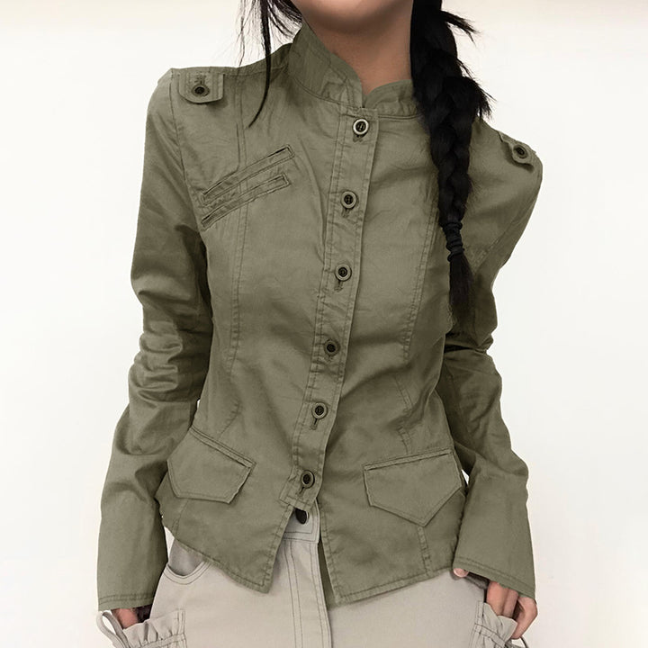 Women's tailored utility military jacket with stand-up collar, shoulder epaulettes, and applied flap pockets Mune Fashion