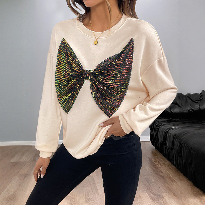 Women's Casual Sweater with Sparkling Bow Design Mune Fashion