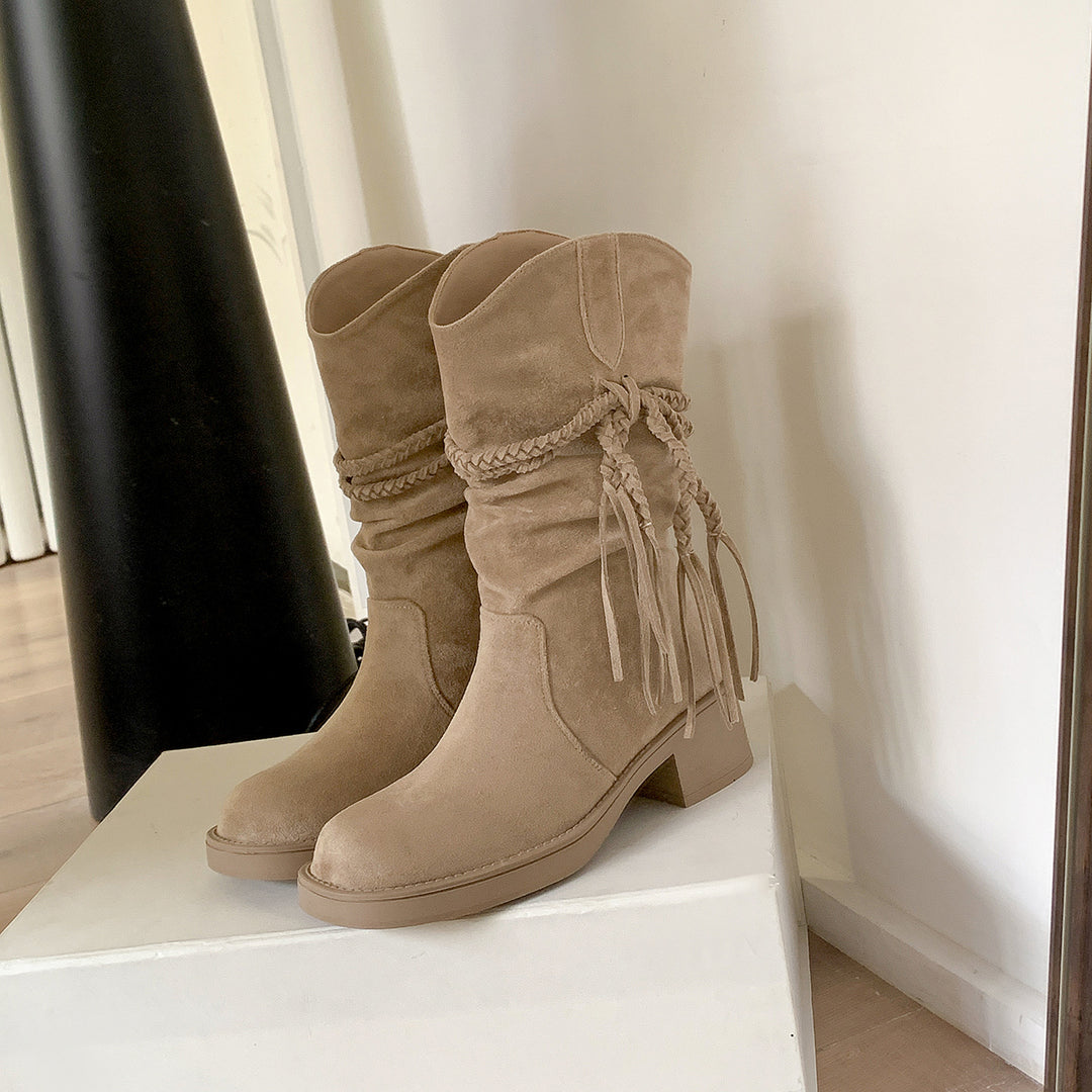 Women's Calf-Height Suede Boots with Braided Tassel Strap Mune Fashion