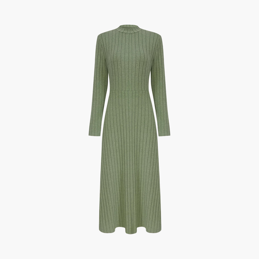 Women's Ribbed Knit Midi Dress with High Mock Neck and Tailored A-Line Shape