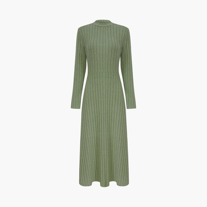 Women's Ribbed Knit Midi Dress with High Mock Neck and Tailored A-Line Shape