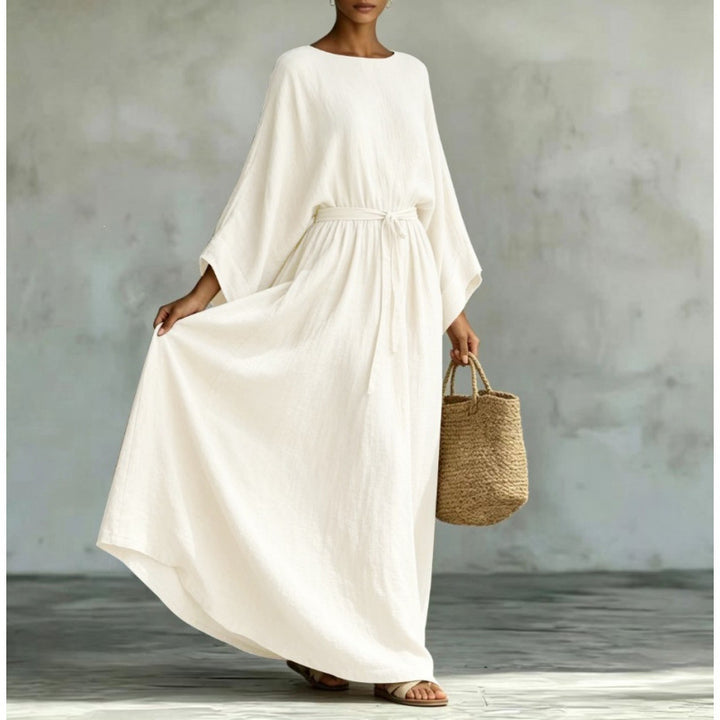 Women's Long Linen Look Kaftan Dress with Drawstring Waist and Batwing Sleeves Mune Fashion