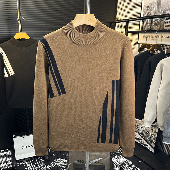 Men's fine knit pullover with short stand-up collar and geometric intarsia design Mune Fashion