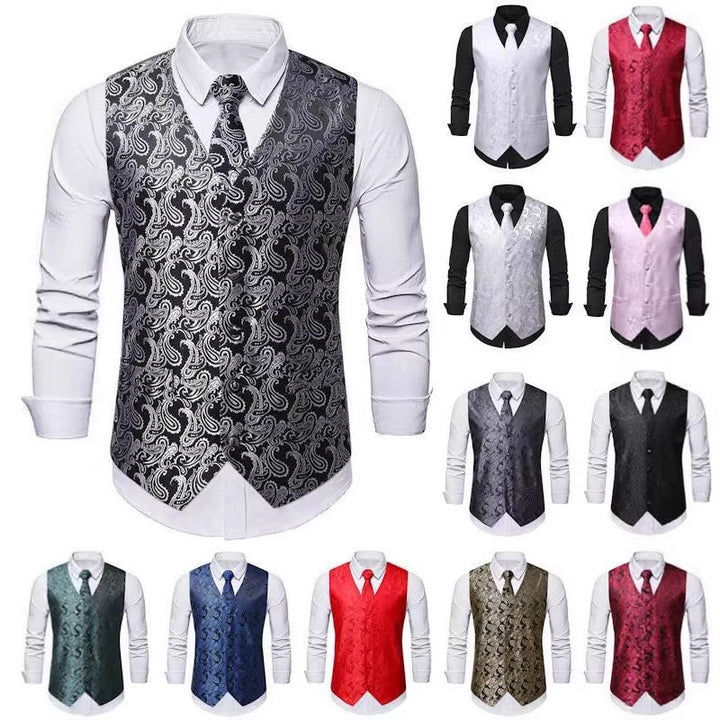 Men's Nan Paisley Satin Suit Vest Set with Tie and Pocket Square Mune Fashion