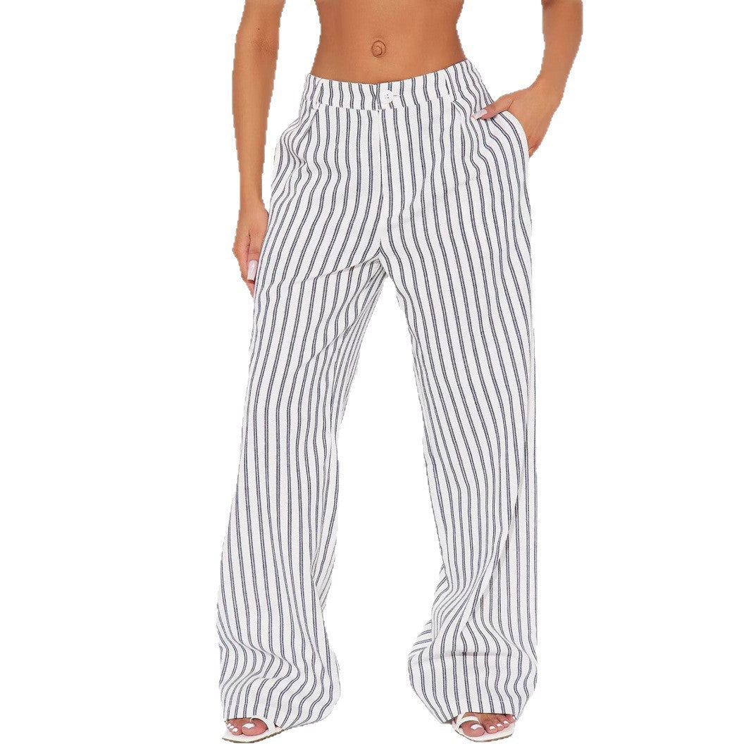 Women's linen look palazzo pants with high waist and vertical stripes Mune Fashion