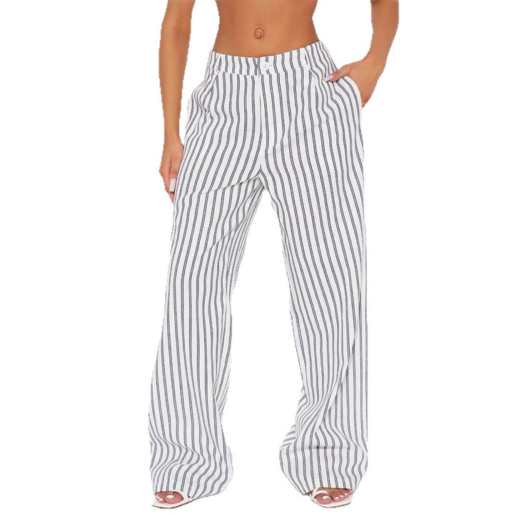 Women's linen look palazzo pants with high waist and vertical stripes Mune Fashion