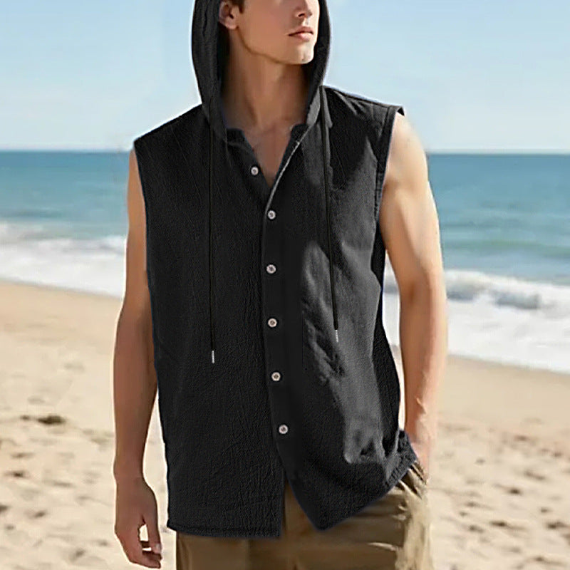 Men's sleeveless hooded shirt in linen look with wooden button placket Mune Fashion