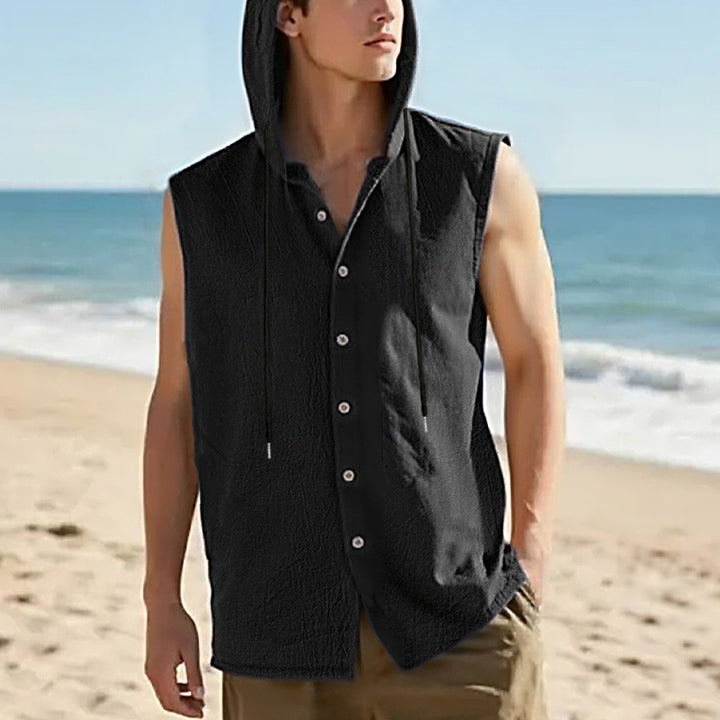 Men's sleeveless hooded shirt in linen look with wooden button placket Mune Fashion