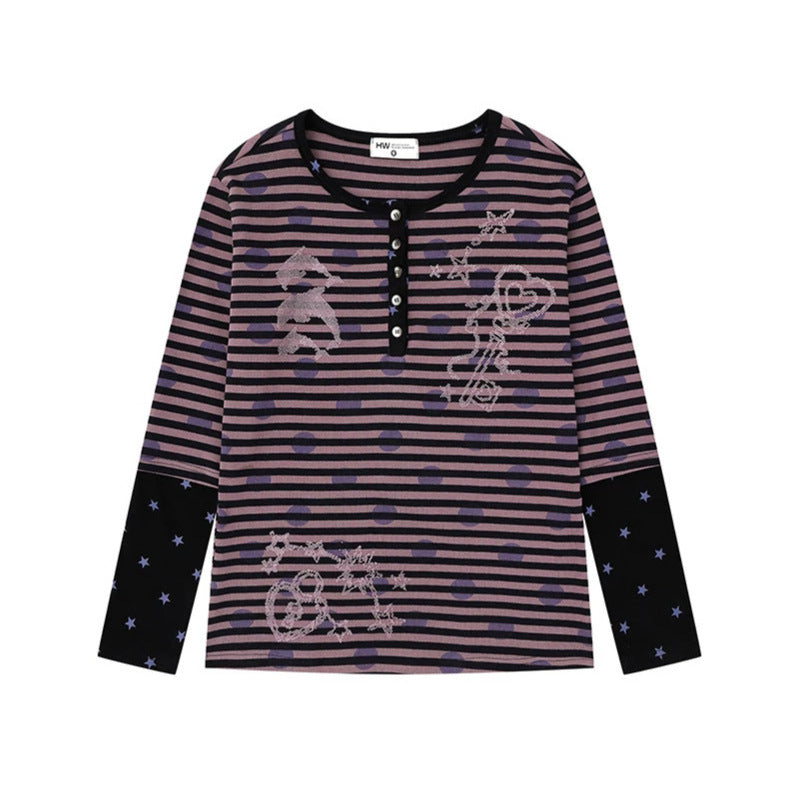 Women Striped Henley Long Sleeve Shirt with Contrast Sleeves, Star Print and Decorative Stone Motifs Mune Fashion