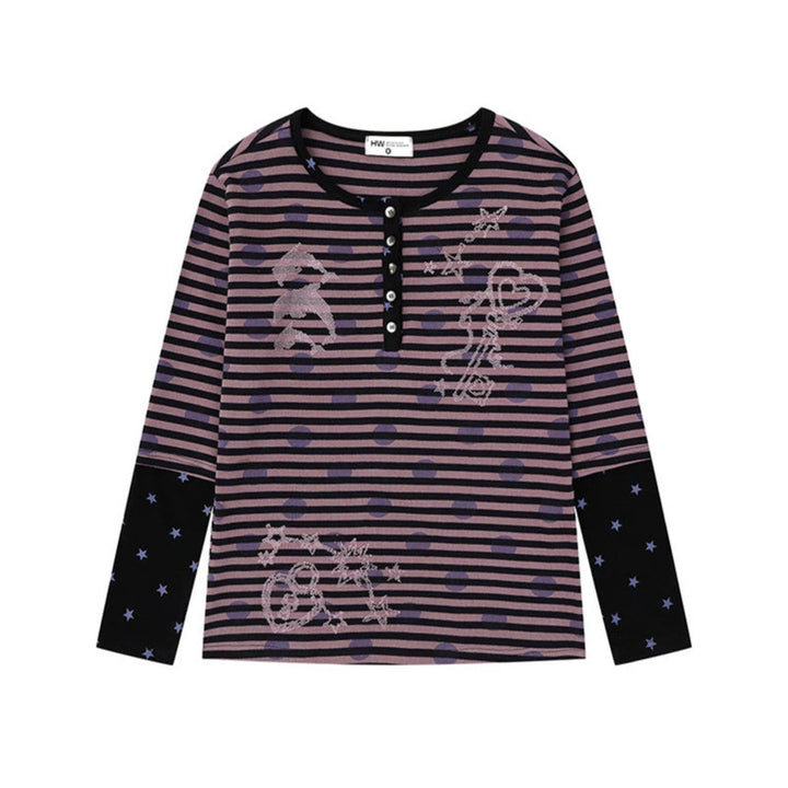 Women Striped Henley Long Sleeve Shirt with Contrast Sleeves, Star Print and Decorative Stone Motifs Mune Fashion