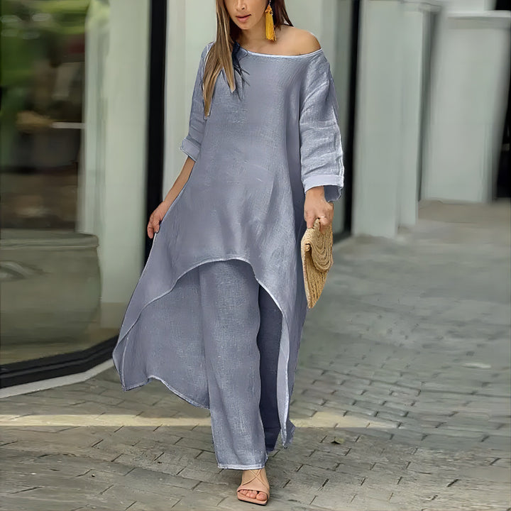Women's oversized linen two-piece set with asymmetrical tunic and loose Marlene pants Mune Fashion