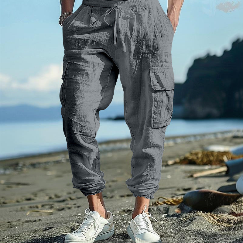 Men's Casual Linen Cargo Joggers with Drawstring Waist, Large Flap Pockets and Elastic Ankle Cuffs Mune Fashion