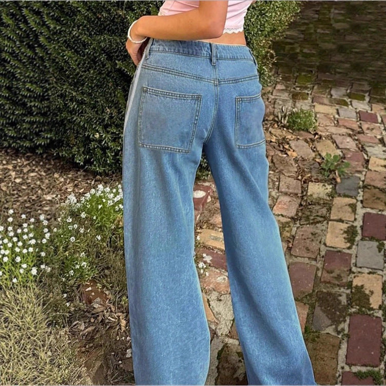 Women's wide High-Waist denim jeans with side contrast stripe Mune Fashion