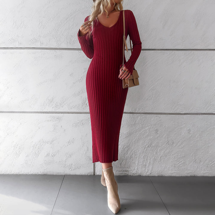 Women's tailored ribbed midi dress with deep V-neck, figure-flattering seam detailing, and long sleeves Mune Fashion