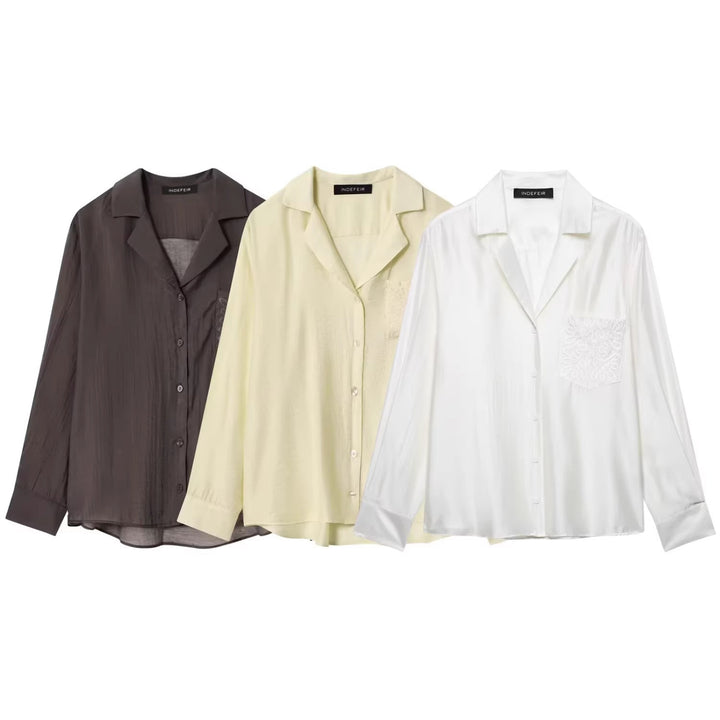 Women's Loose Satin Shirt with Notched Collar and Embroidered Chest Pocket Mune Fashion