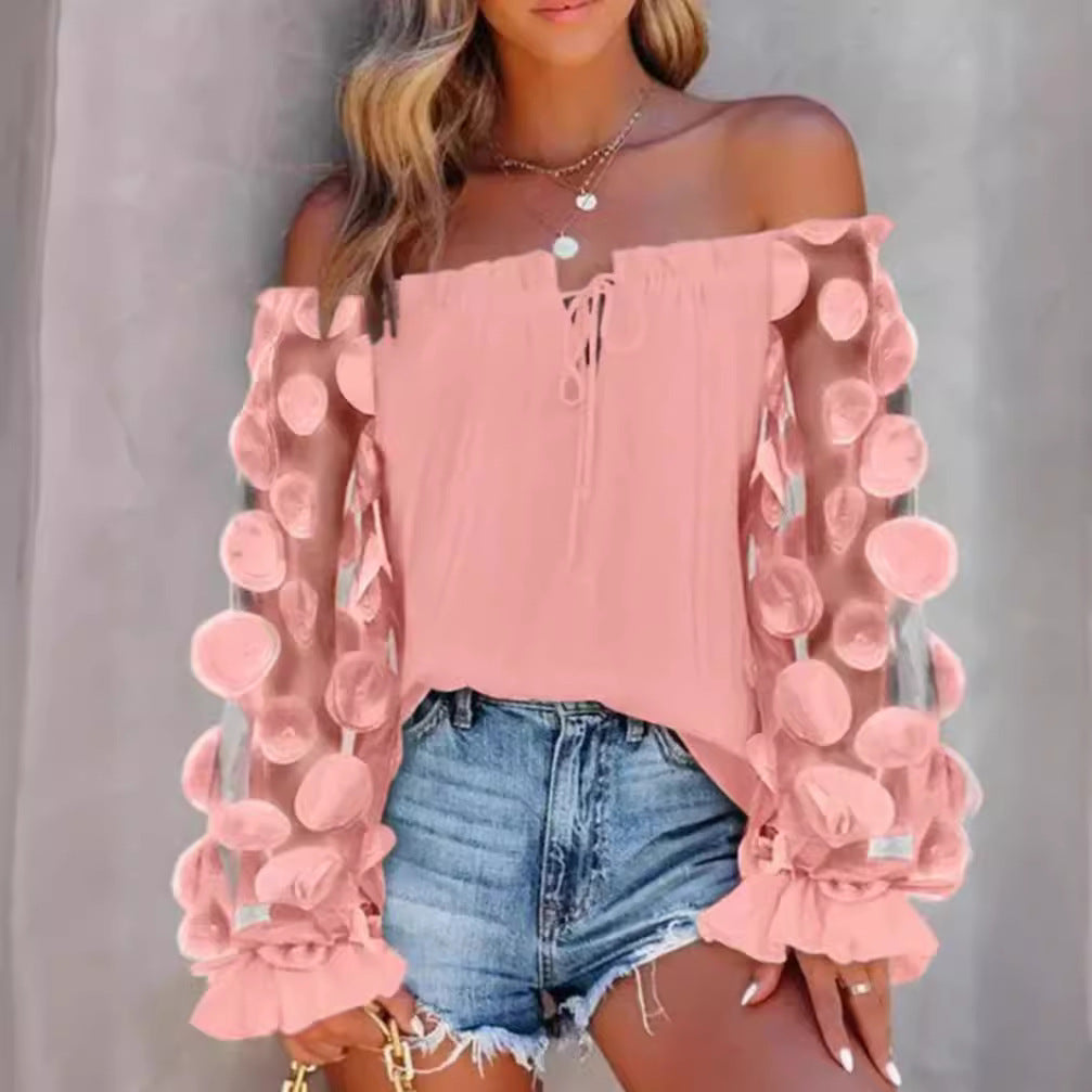 Women off-shoulder Carmen top with transparent organza sleeves, circular appliqués and ruffle cuffs Mune Fashion