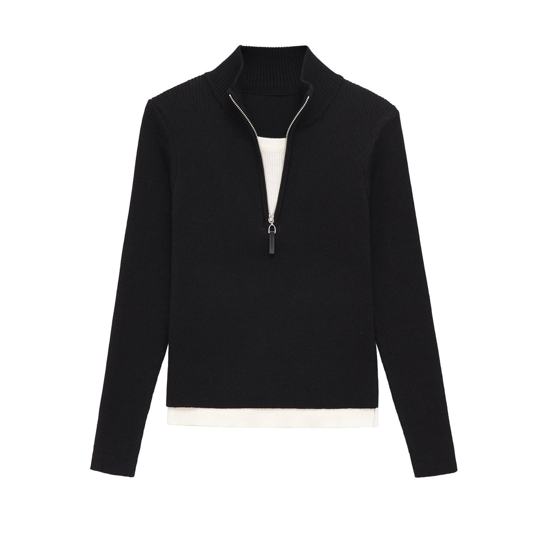 Women's fine knit sweater with half zipper, standing collar and layered look hem Mune Fashion